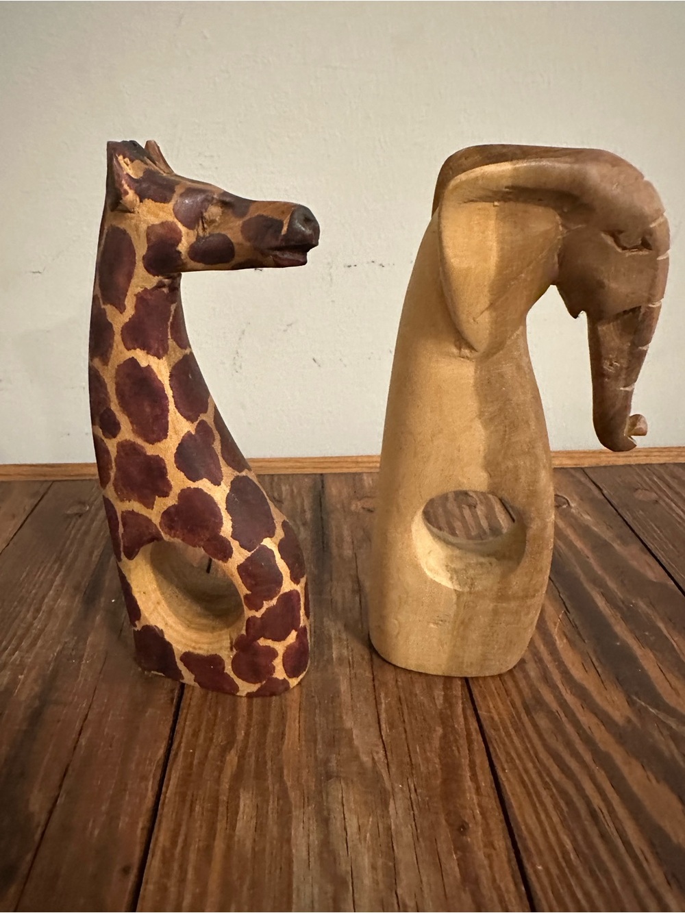 Handcrafted Wooden Giraffe and Elephant napkin holders Sculptures - Brown